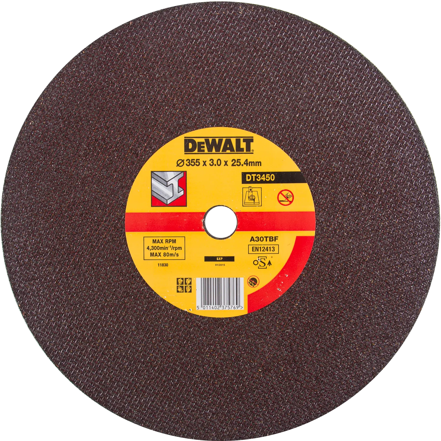 Un disque de découpe DEWALT DT3450 d’un diamètre de 355 mm, une épaisseur de 3,0 mm et un trou central de 25,4 mm. Le disque est conçu pour la découpe de métal et présente une surface abrasive marron avec une étiquette jaune et rouge au centre affichant des détails sur le produit et des icônes d'utilisation.