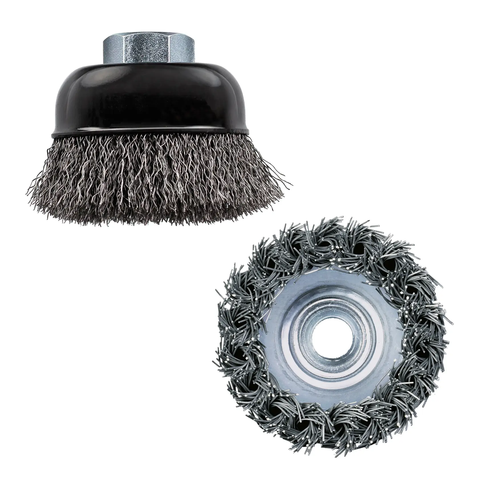 Deux brosses coupelles en fil d’acier DEWALT DT3480 pour nettoyage, vues de côté et du dessus.