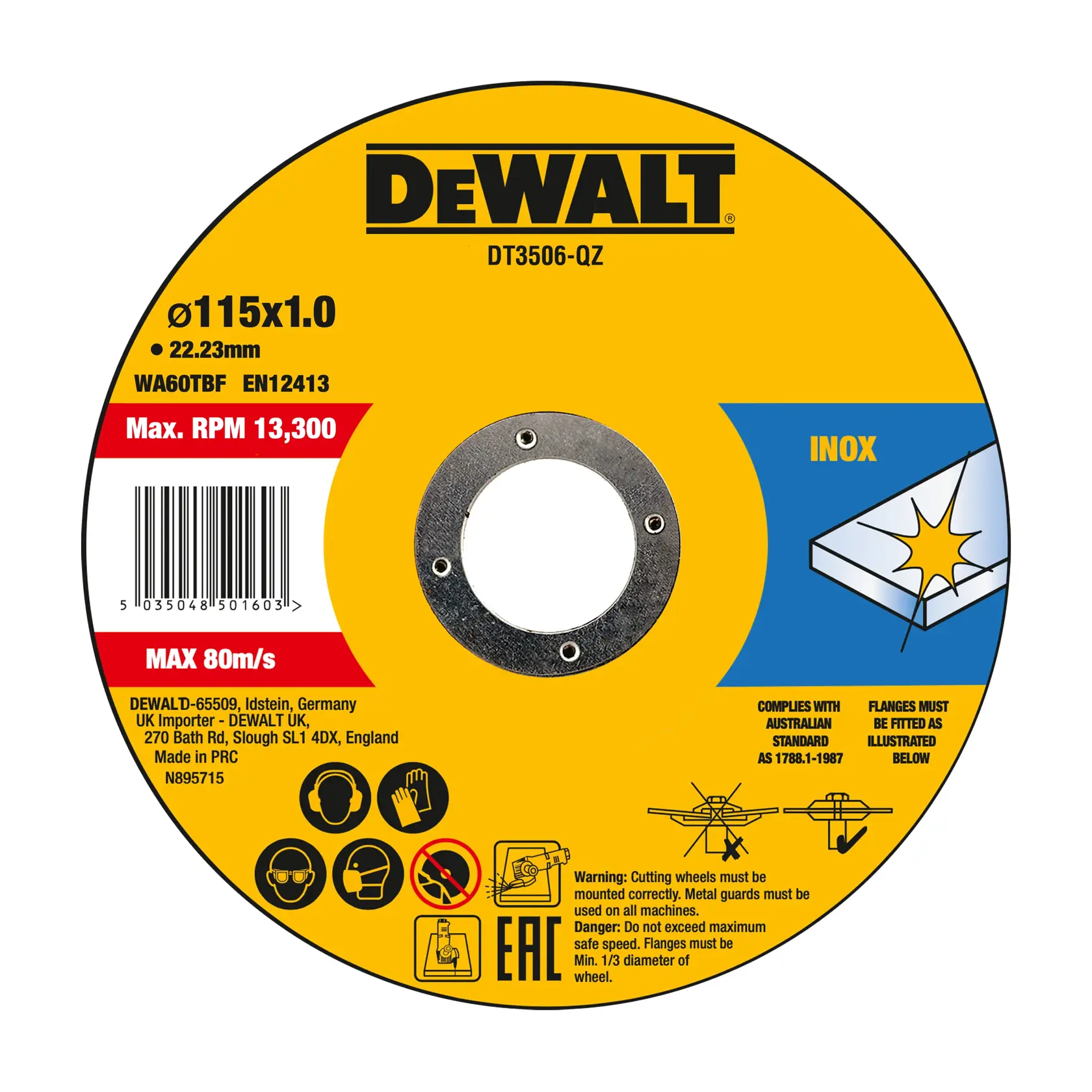 DEWALT DT3506 Trennscheibe INOX, 115x1,0mm, max. 13.300 U/min, Sicherheitssymbole und Hinweise.