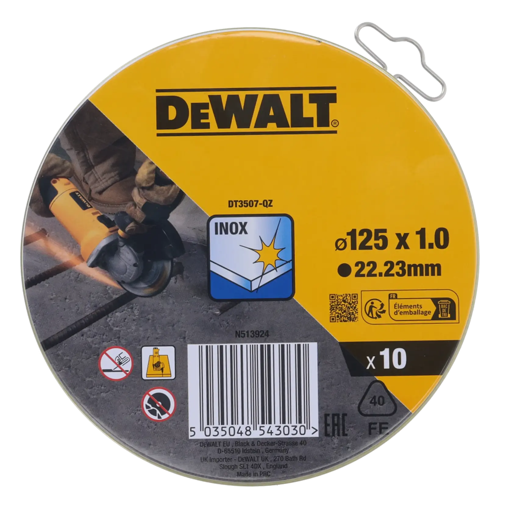 DEWALT DT3507 Trennscheibe 125mm x 1mm, 10er-Pack, für Inox-Stahl, Verpackung abgebildet.