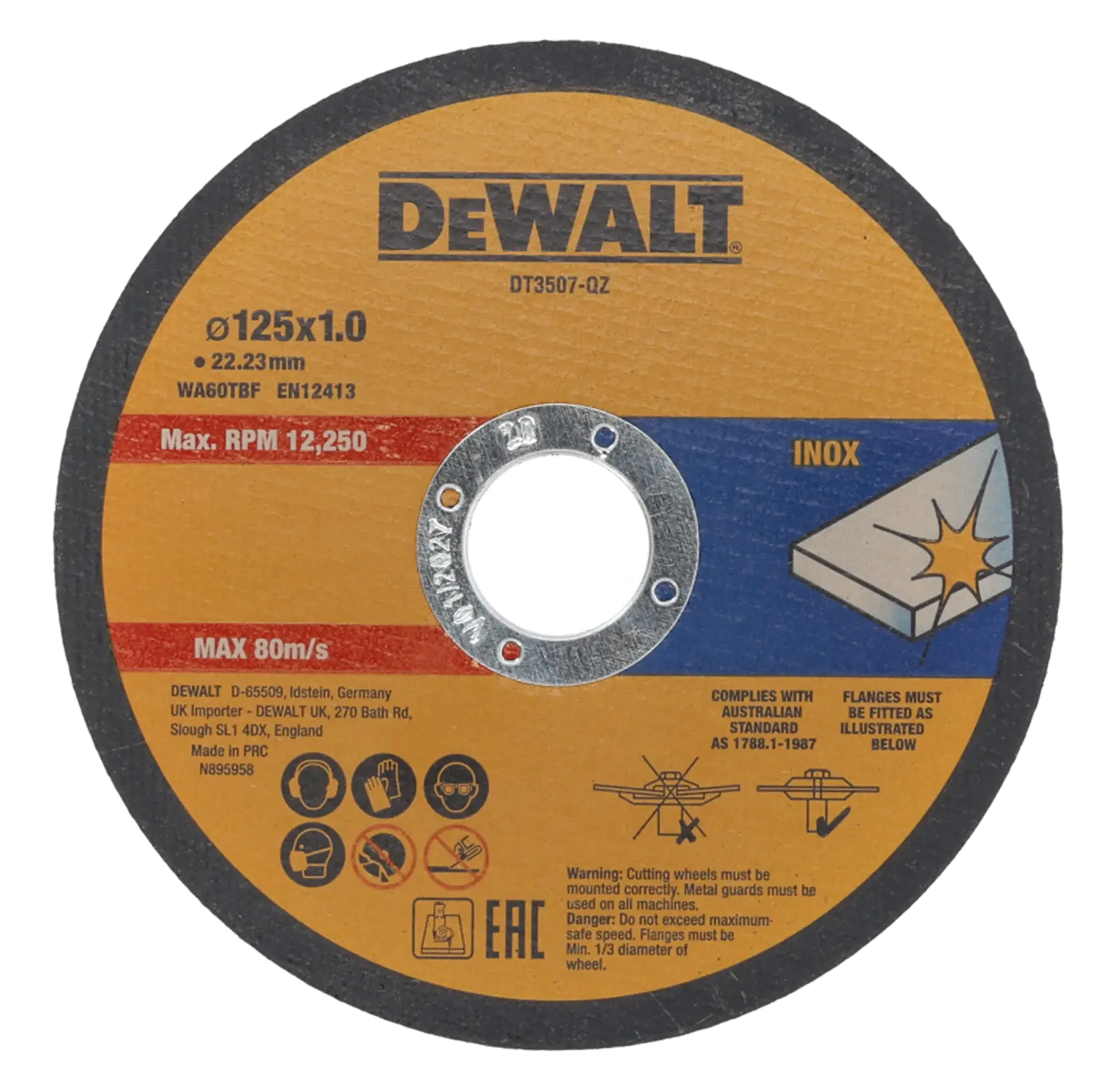 DEWALT DT3507 Trennscheibe, 125x1,0mm für Inox, max. RPM 12.250, Sicherheitszeichen und Warnhinweise sichtbar.