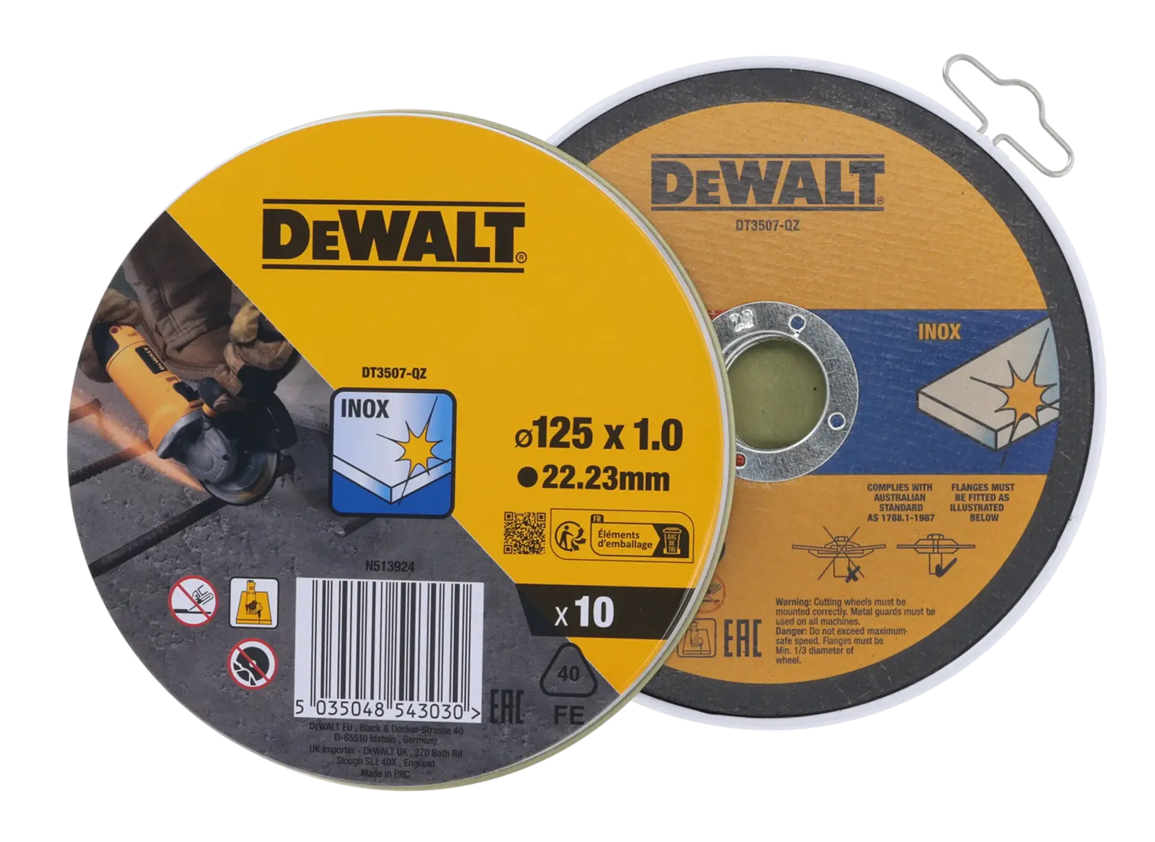 DEWALT DT3507 Trennscheiben für Metall, 125mm Durchmesser, 1,0mm dick, 10er-Pack, für Inox geeignet.