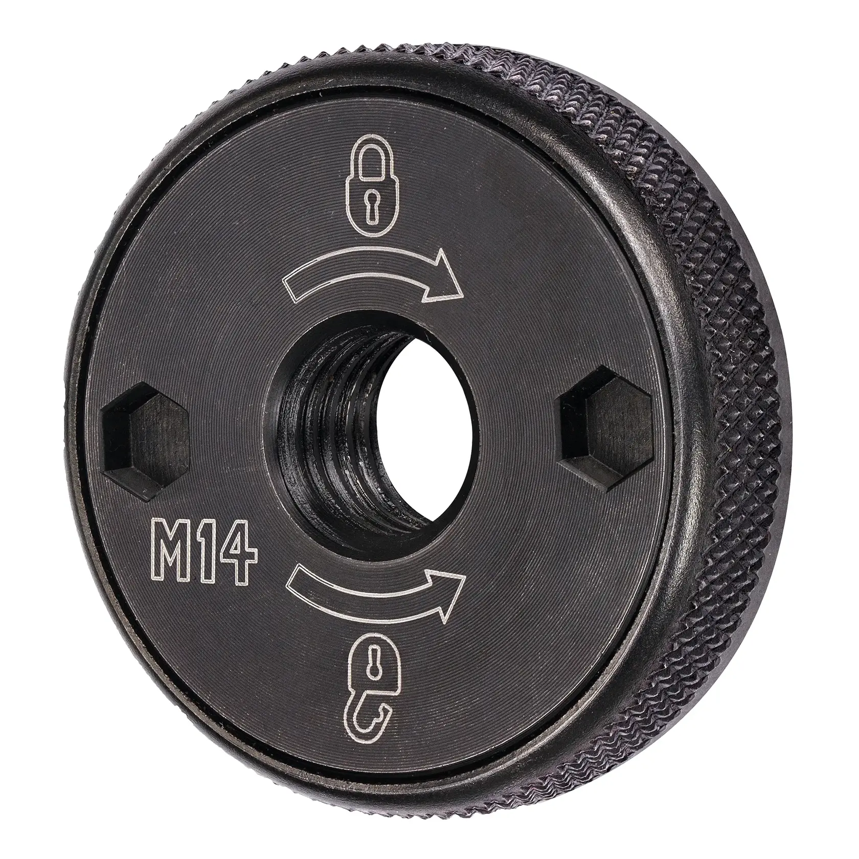 Écrou de blocage métallique DEWALT DT3559 M14 pour meuleuses, avec symboles de verrouillage.