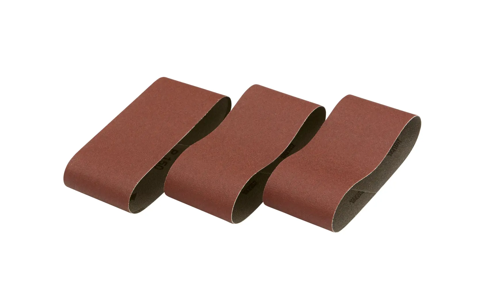 Tres bandas abrasivas marrones DEWALT DT3662 alineadas sobre fondo blanco.