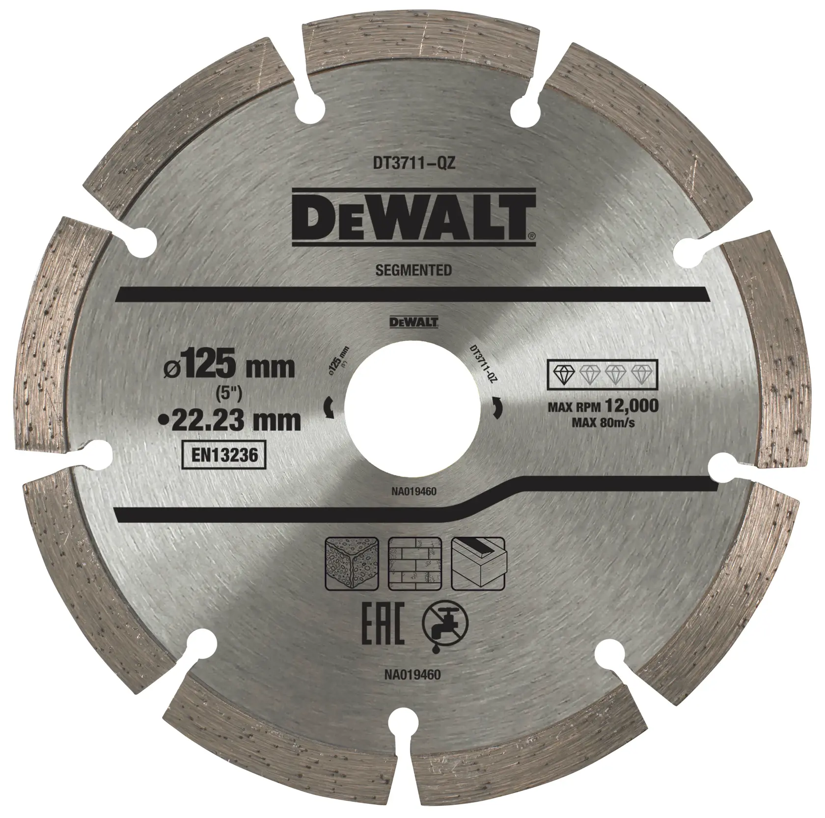 Lame segmentée diamant DEWALT, 125mm, coupe pierre, béton, matériaux. Modèle DT3711.
