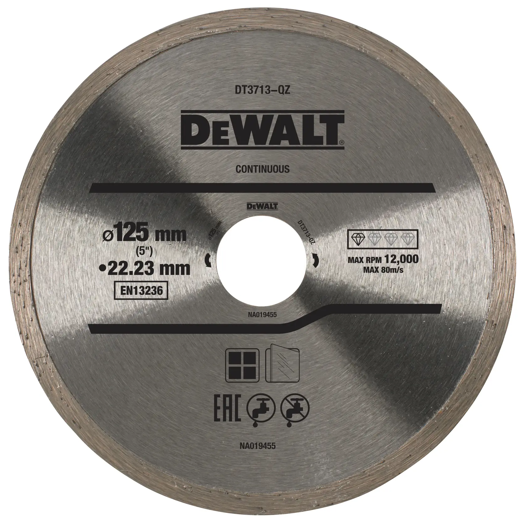 Lame diamant DEWALT DT3713 125mm pour découpe, argentée, avec détails techniques et informations produit.