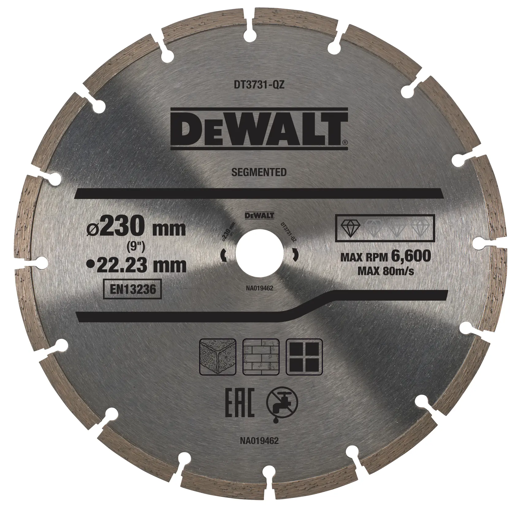Lame diamantée DEWALT segmentée, diamètre 230mm, pour pierre, béton et brique.