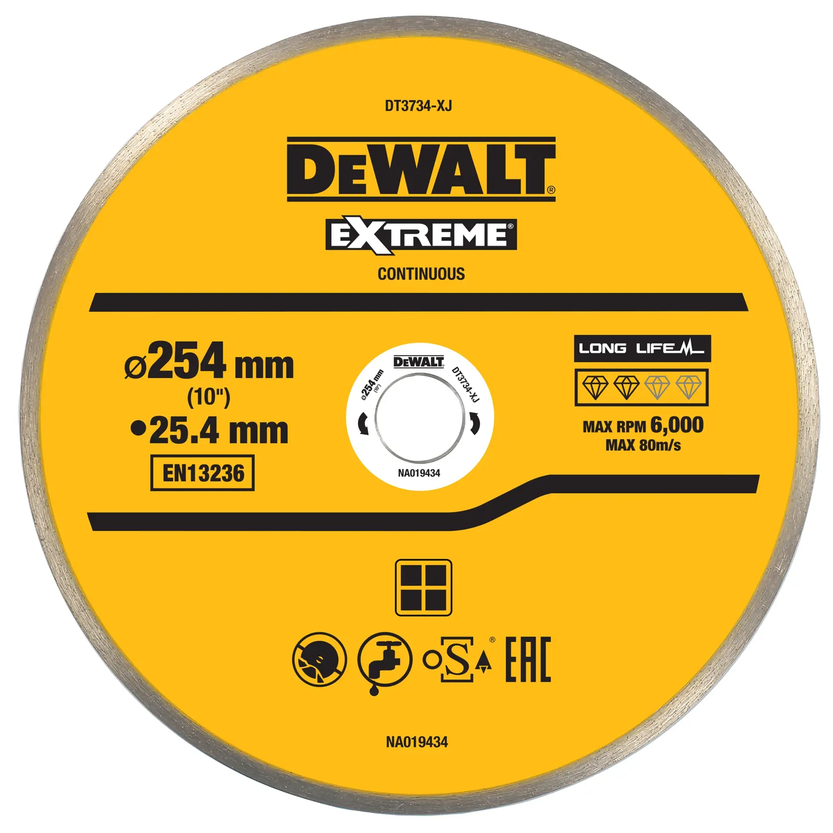 DEWALT DT3734, DT3734-QZ Photographie lame Extreme 254mm affichée avec specs sur disque jaune.