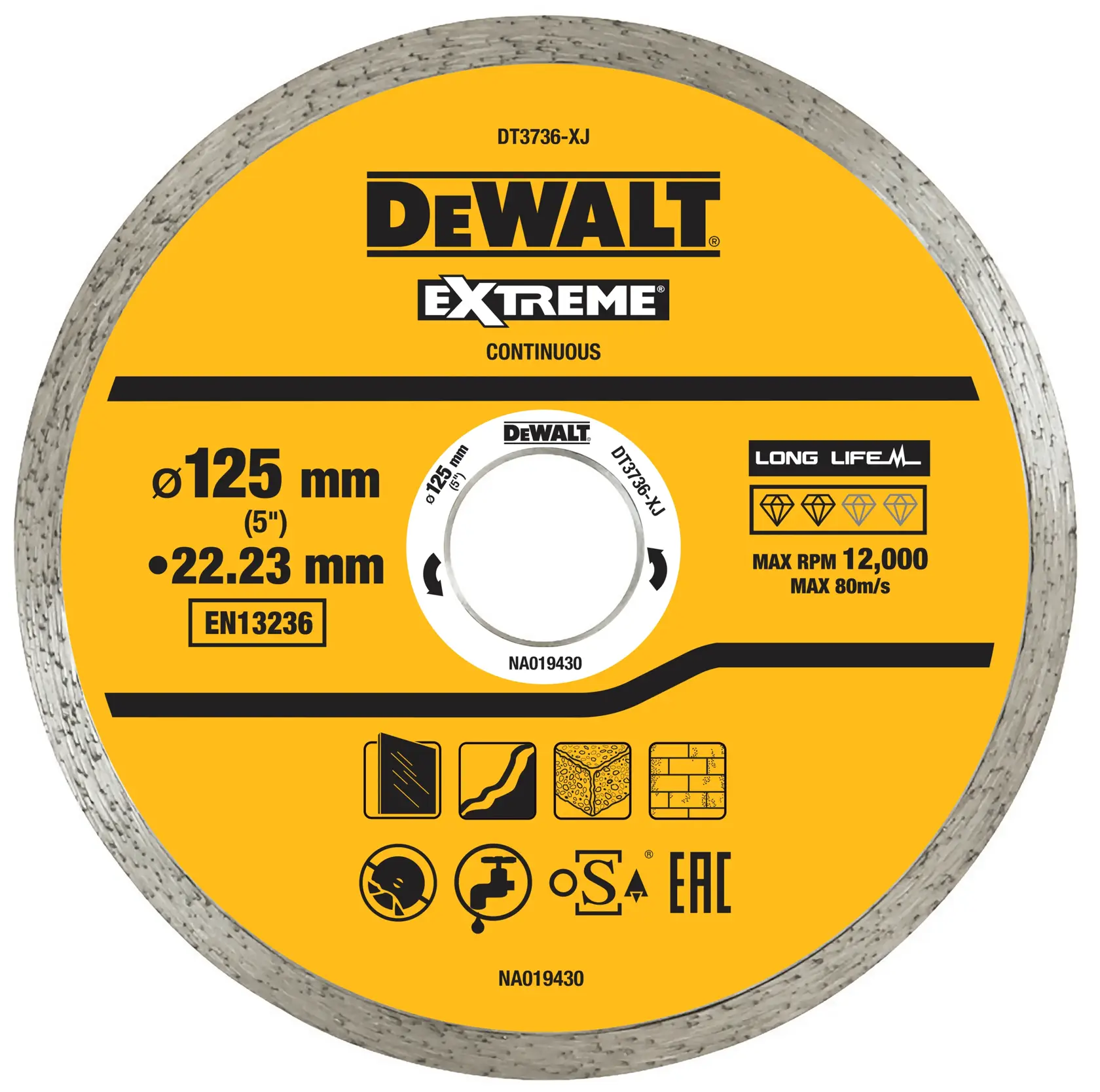 Disque diamant DEWALT DT3736, 125 mm pour maçonnerie et carrelage, jaune avec étiquette de spécifications.