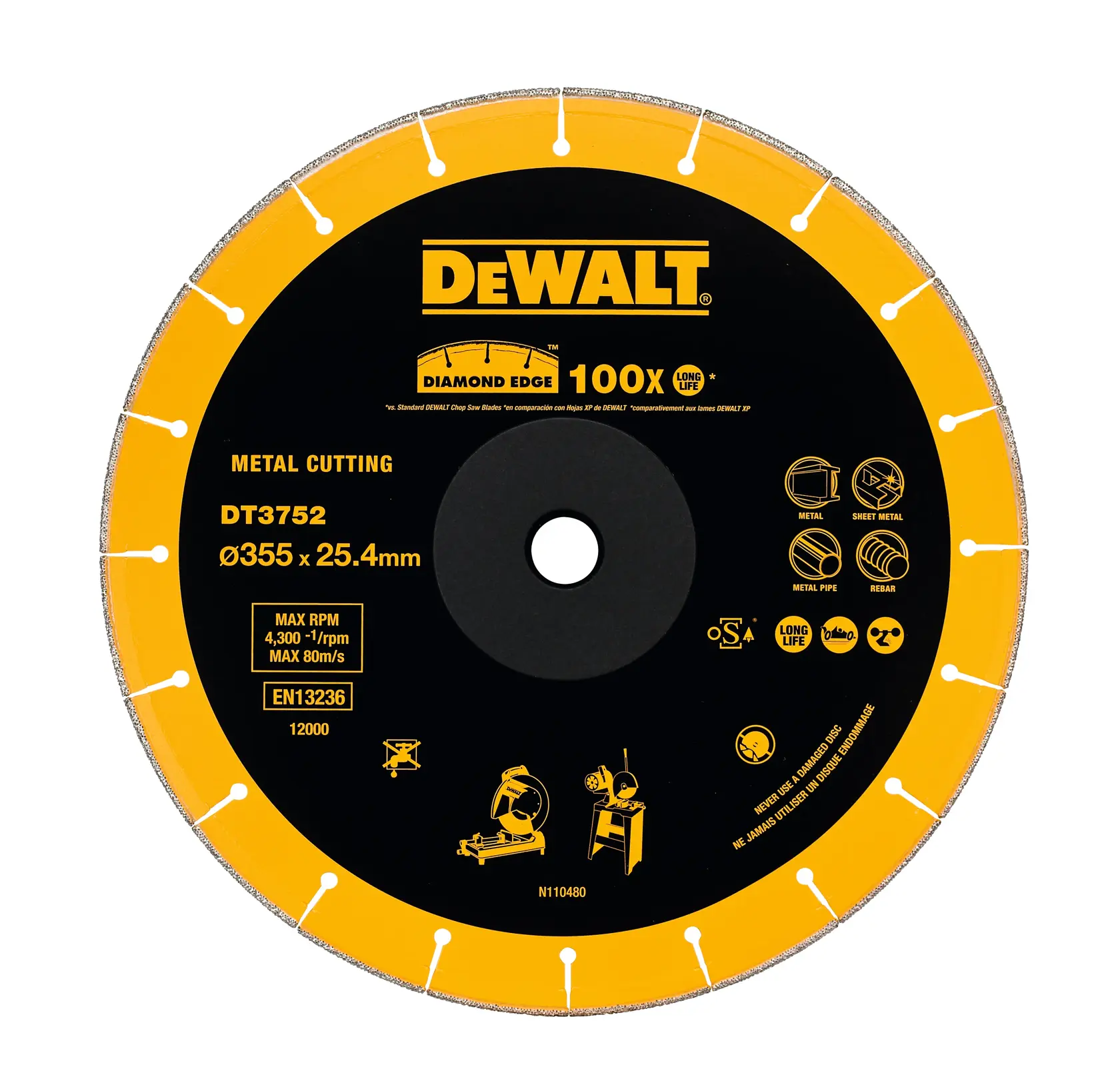 DEWALT DT3752 Diamantsägeblatt, 355mm, zum Schneiden von Metall mit langer Lebensdauer.