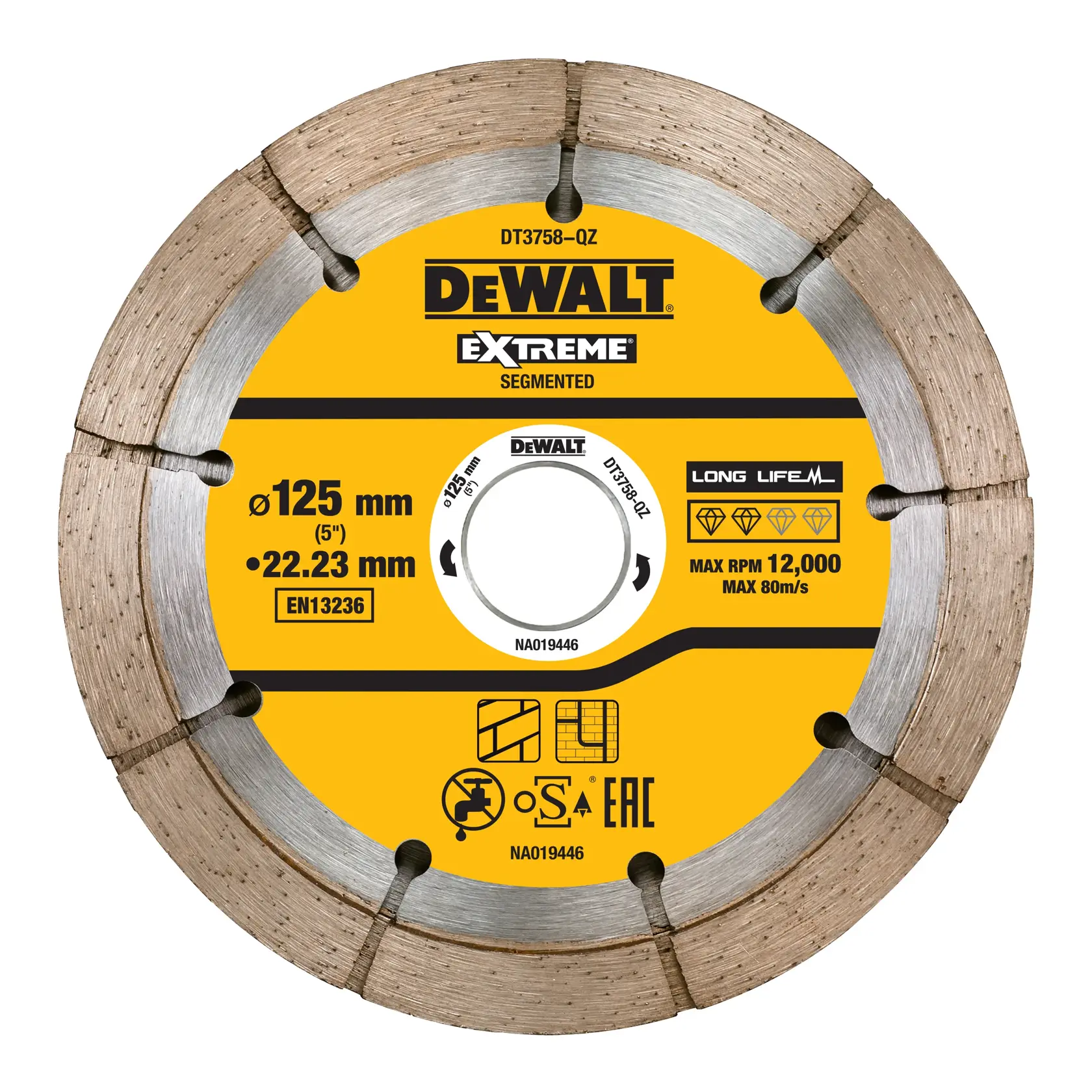 Hoja segmentada DEWALT DT3758 de diamante, 125mm, centro amarillo, para cortar, máx 12.000 RPM.