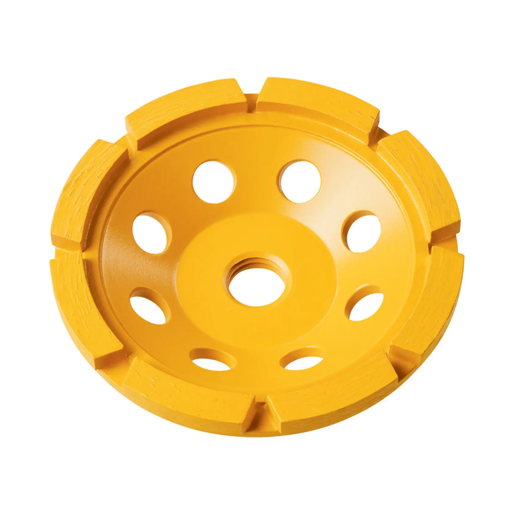 Meule jaune DEWALT percée et segmentée, conçue pour un enlèvement efficace de matériau.