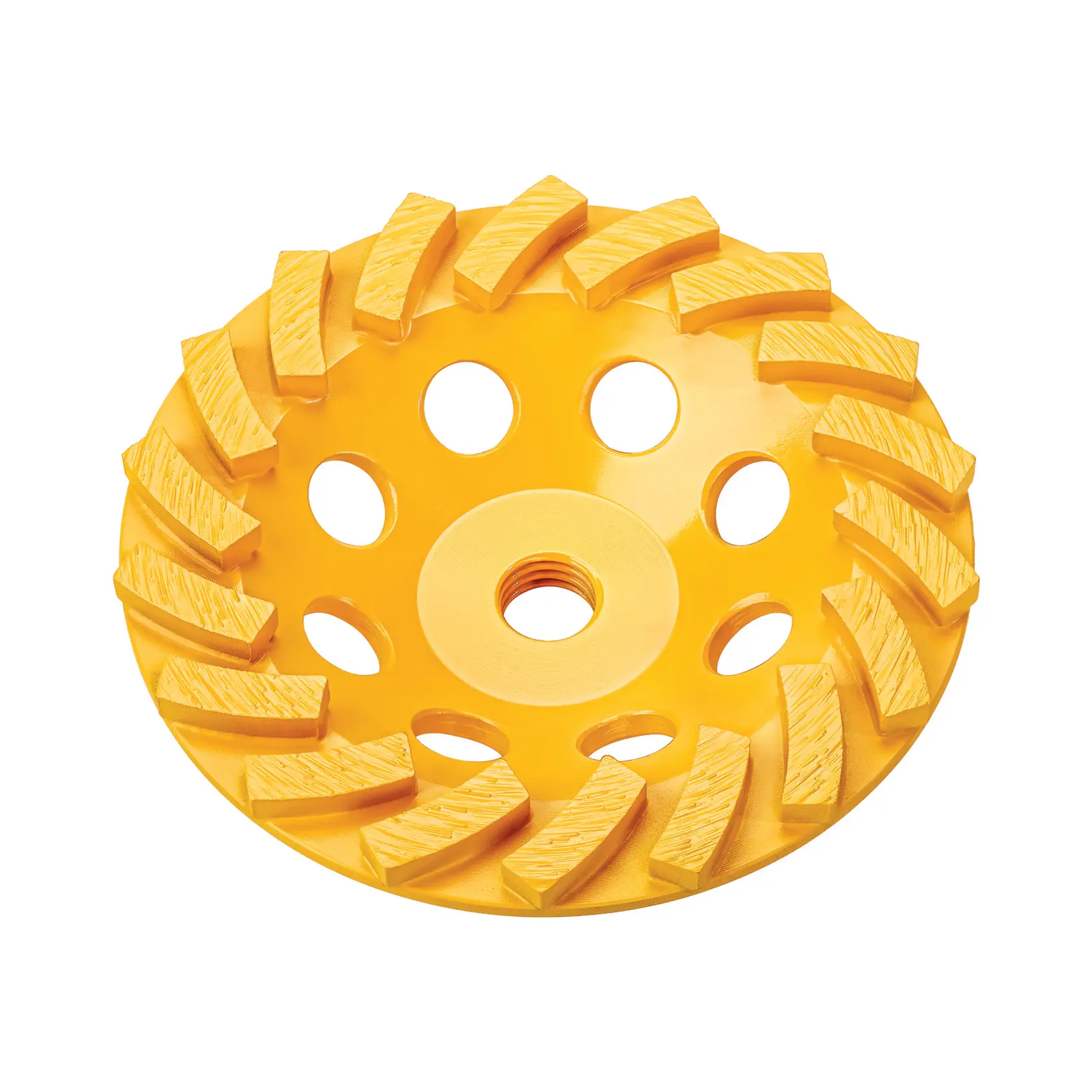 Meule de meulage DEWALT jaune avec segments inclinés et trou central, sur fond blanc.