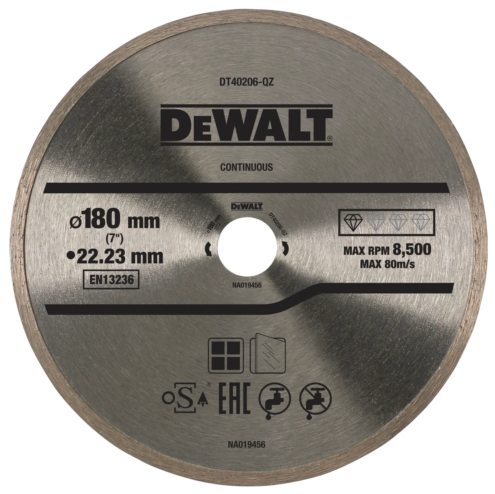 Lame diamant DEWALT DT40206 de 180 mm pour découpe, avec spécifications et symboles de sécurité.