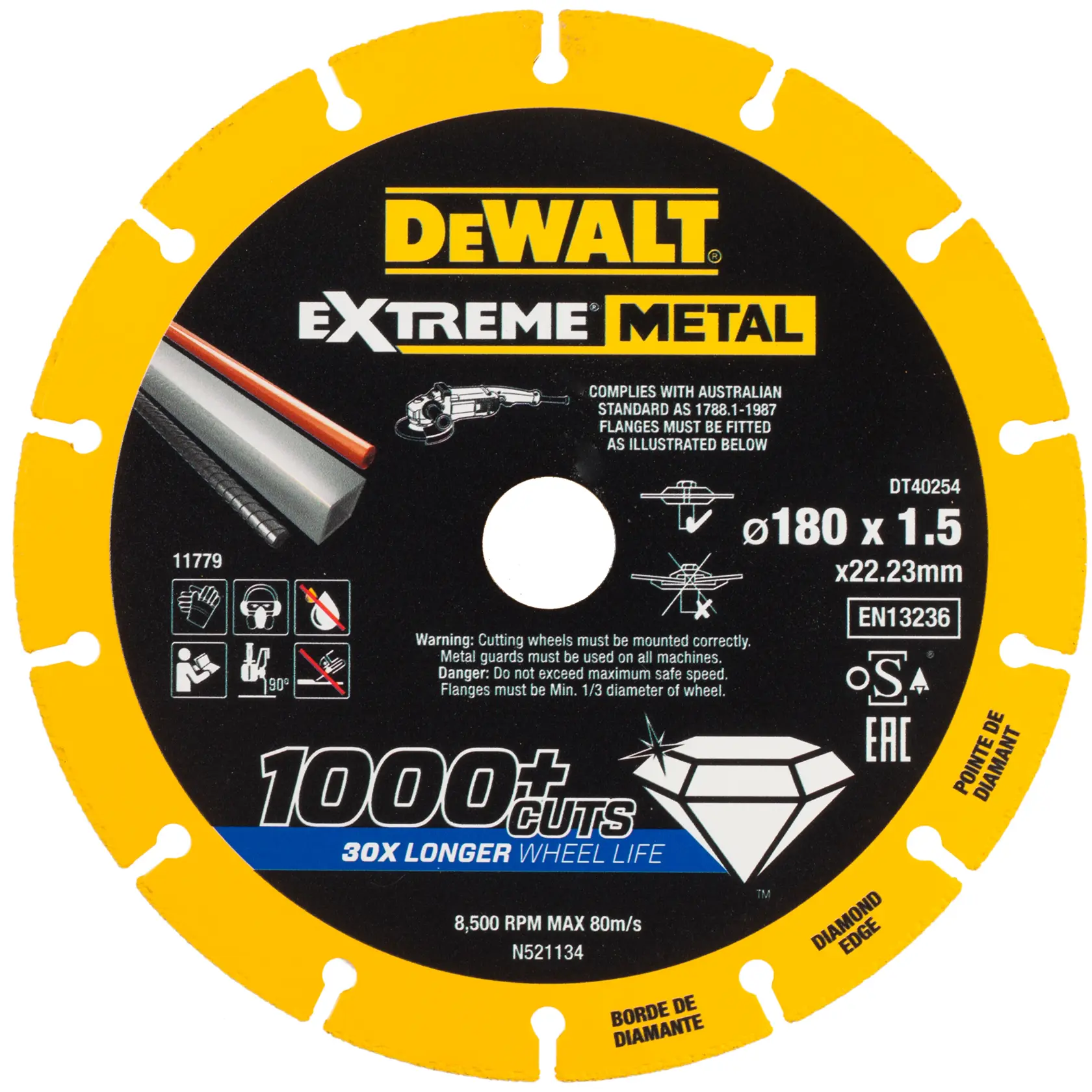 Disque de coupe métal DEWALT DT40254, bord diamant, 180mm, 1000+ coupes, icônes de sécurité.
