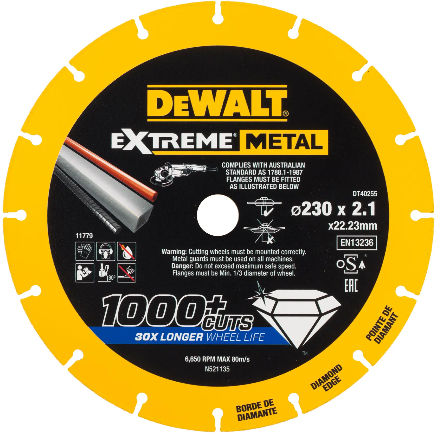 Imagen de una rueda de corte DEWALT Extreme Metal (DT40255), diámetro de 230 mm con borde de diamante. El disco es amarillo con un centro negro y texto en blanco, amarillo y azul. Diseñado para cortar metal, indica '1000+ cortes' y 'vida de la rueda 30 veces más larga'. Se incluyen advertencias de seguridad e instrucciones de uso, junto con cumplimiento de normas australianas.
