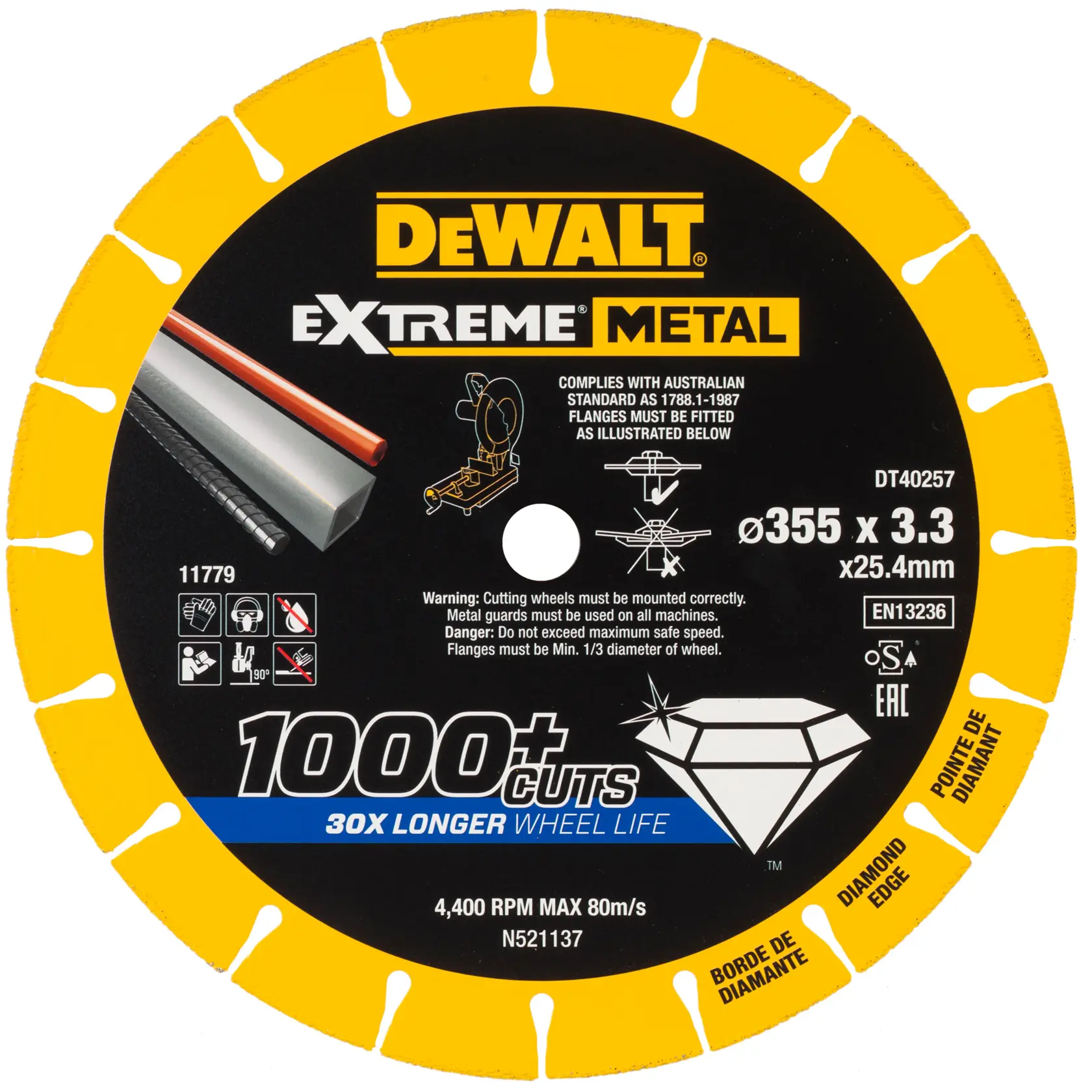 Disque diamant DEWALT Extreme Metal DT40257, 355 x 3,3 x 25,4 mm, pour coupe de métal longue durée.