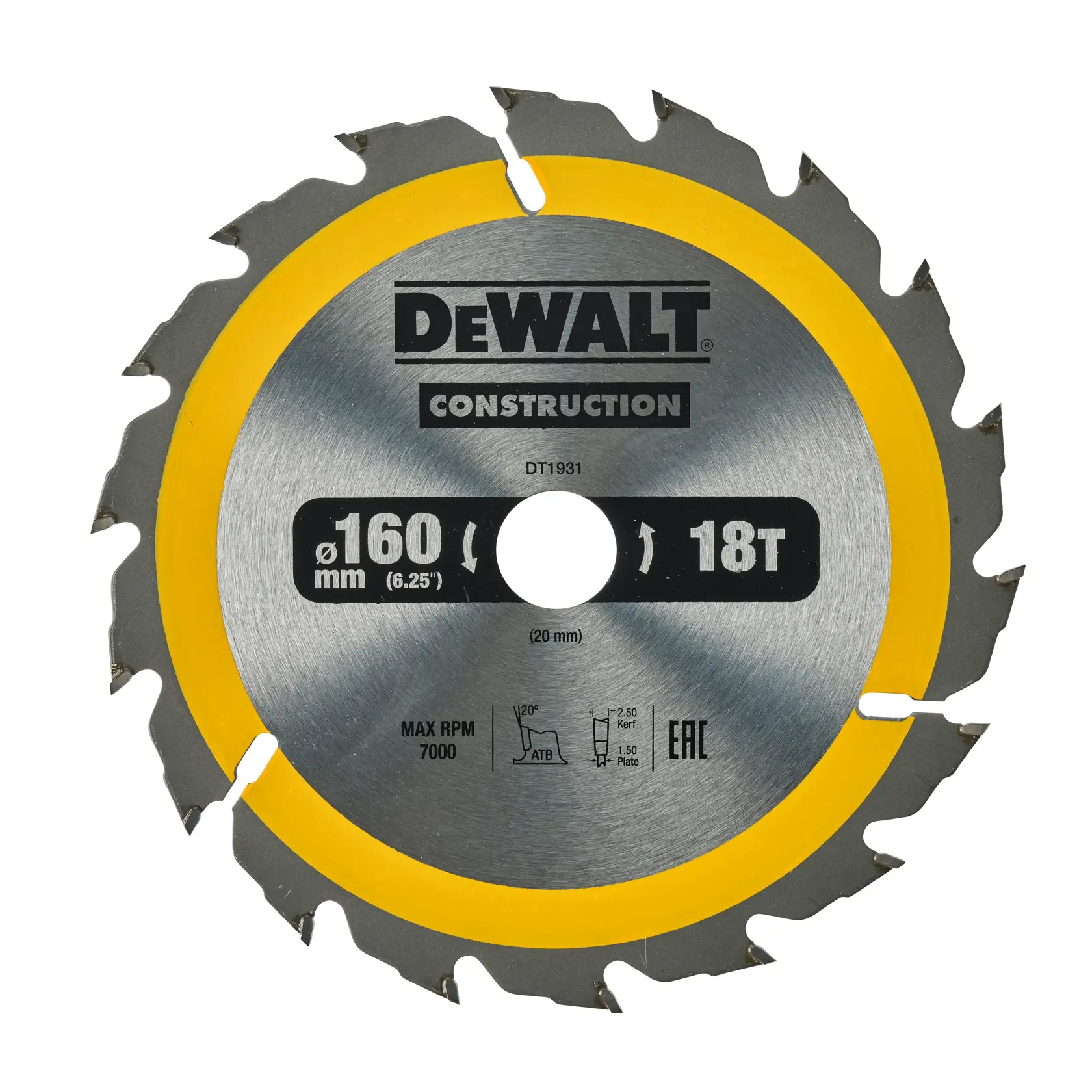 DEWALT DT4031 Kreissägeblatt 160mm 18 Zähne für Bau, gelber Rand und technische Daten sichtbar.