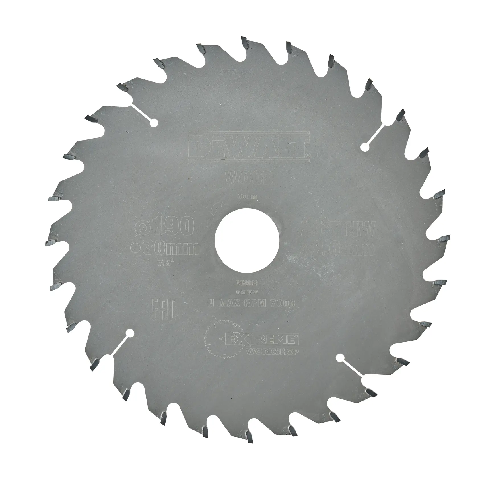 Hoja de sierra circular para madera con dientes afilados, diseñada por DEWALT, SKU DT4033, diámetro de 190 mm y agujero central de 30 mm.
