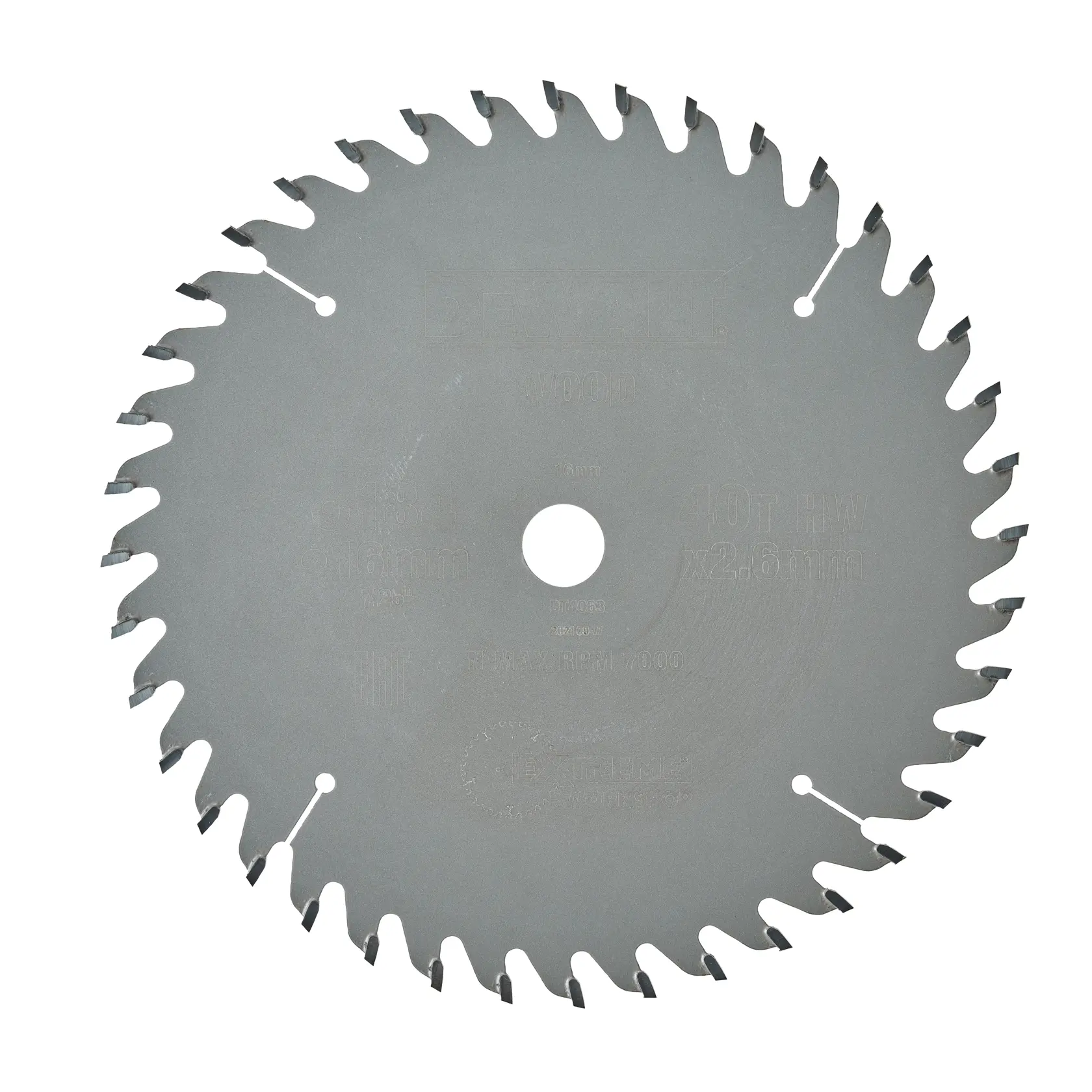 Una hoja de sierra circular DEWALT DT4063 con dientes afilados, mostrada sobre un fondo blanco.