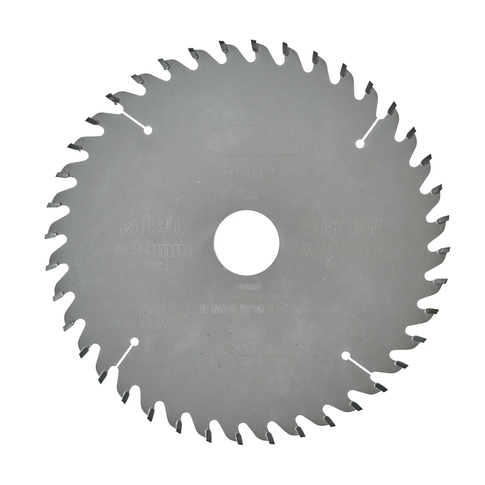 Hoja de sierra circular DEWALT DT4064 para madera, 40 dientes y orificio de 30mm, sobre fondo blanco.