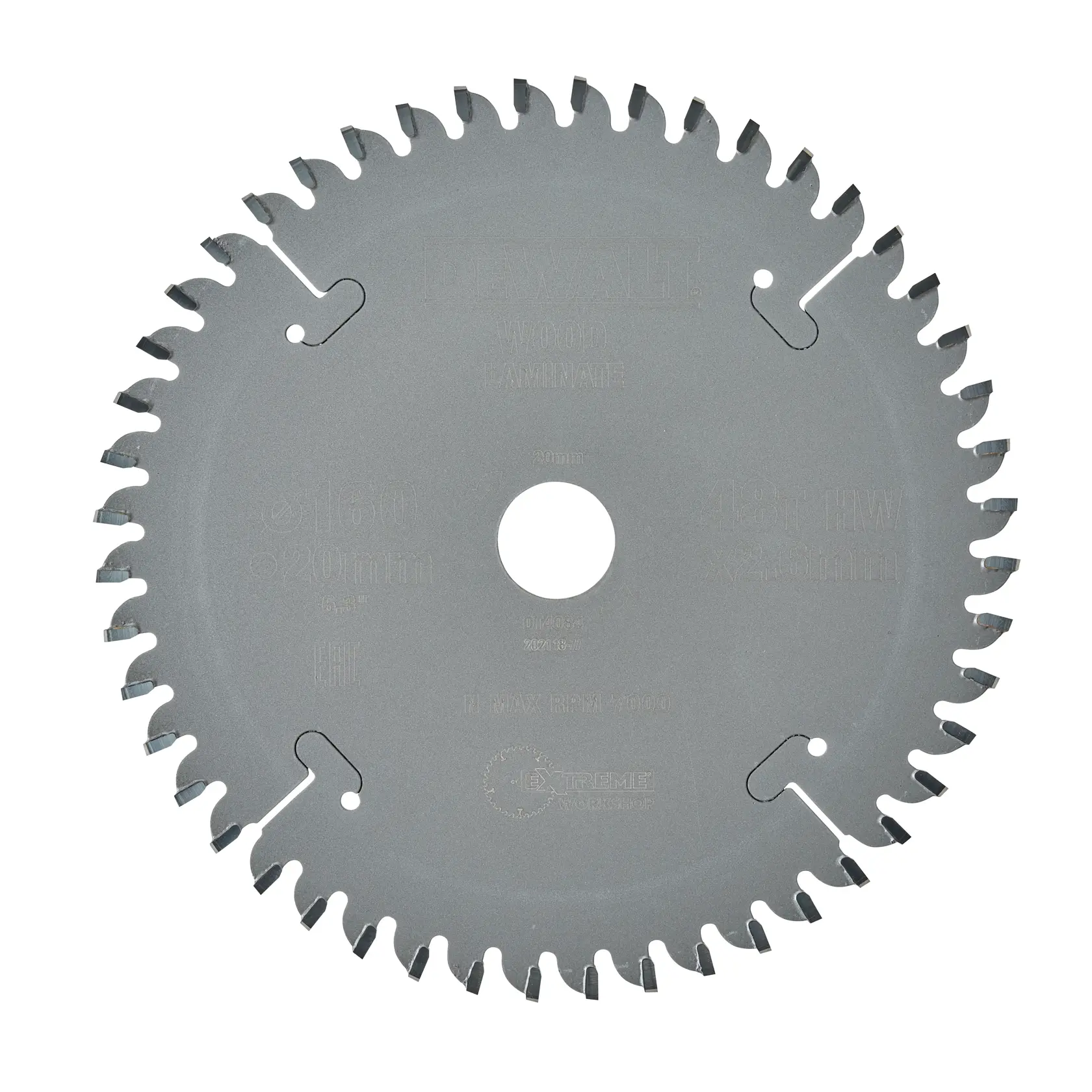DEWALT DT4084 Kreissägeblatt für Holz und Laminat, silber, scharfe Zähne, zentrale Befestigung.