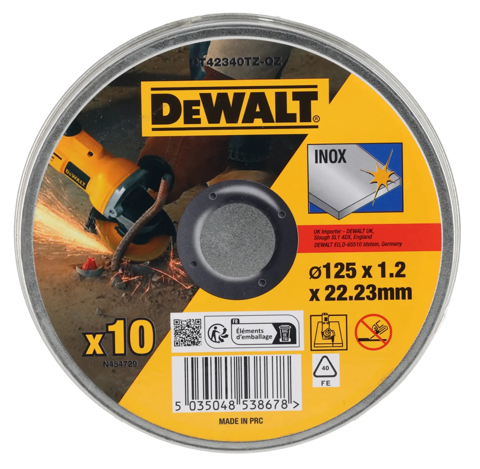 Lot de 10 disques DEWALT DT42340TZ inox, diamètre 125mm, épaisseur 1,2mm, pour meuleuses angulaires.