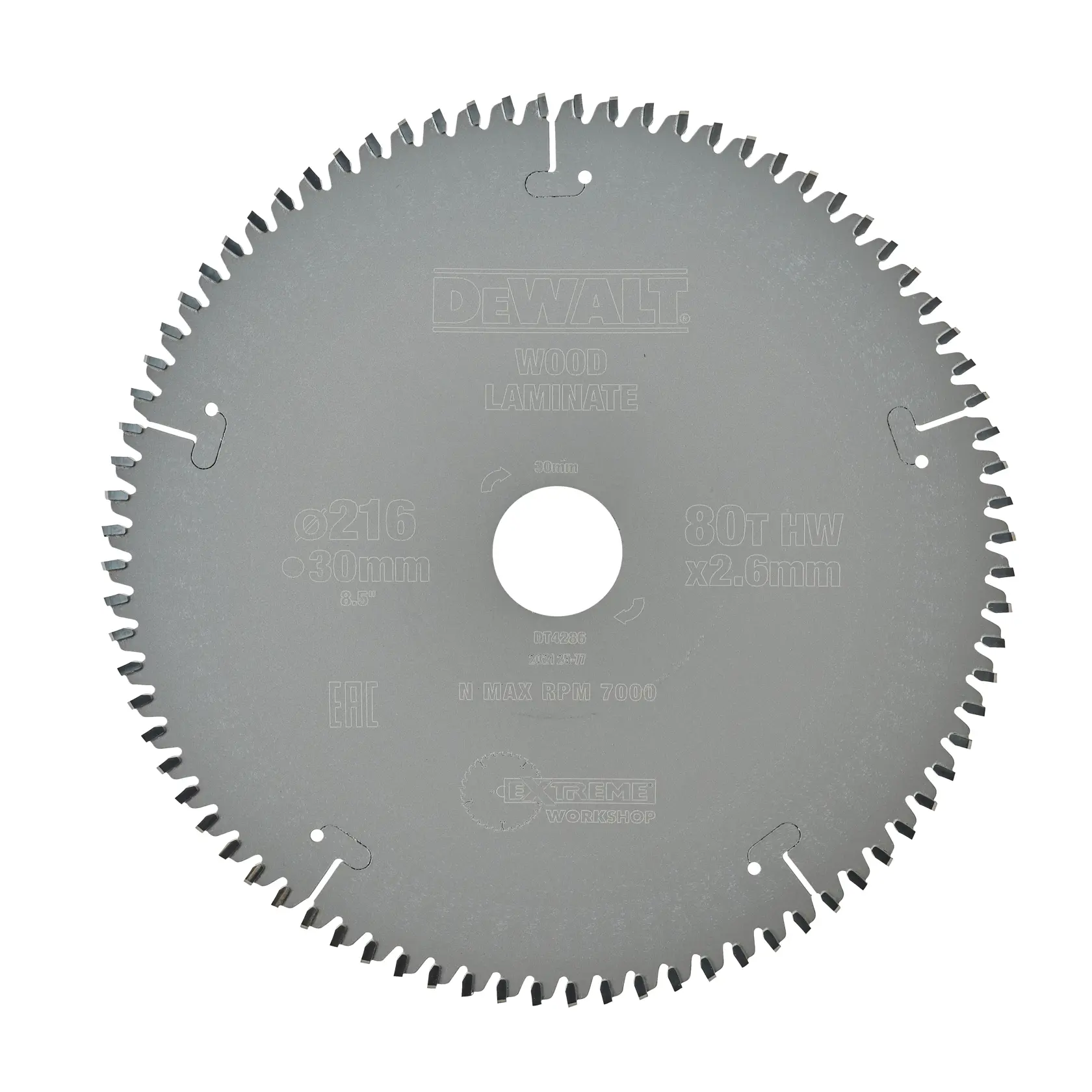 Una hoja de sierra circular DEWALT para madera y laminados, modelo DT4286, con 80 dientes y un diámetro de 216 mm. La hoja es gris y tiene marcas técnicas detalladas.