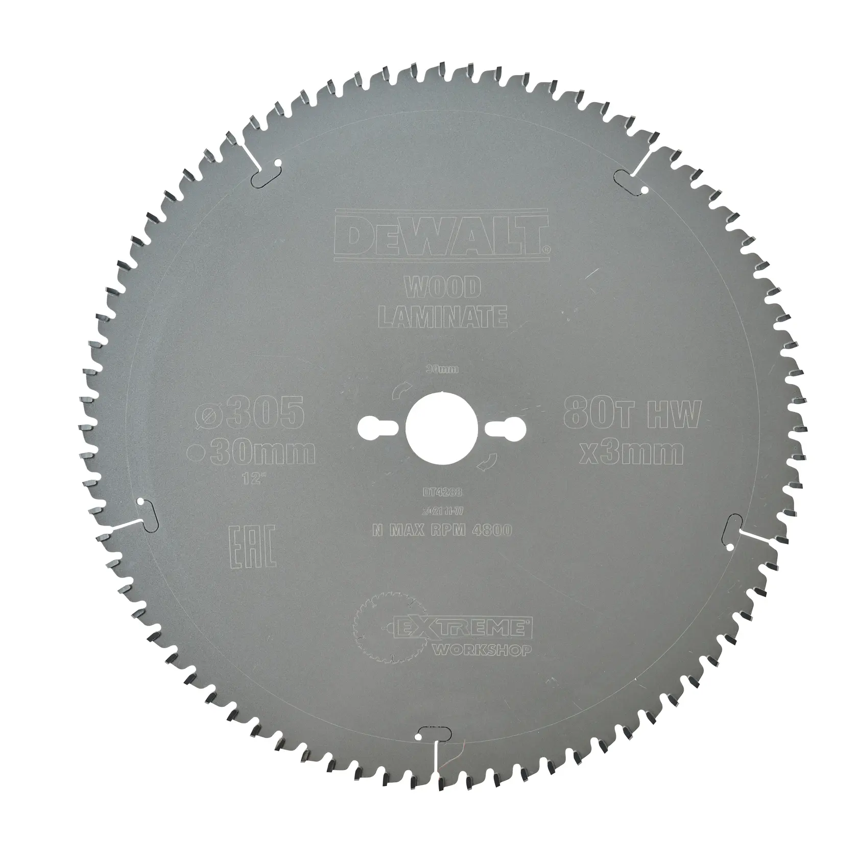 Lame de scie circulaire DEWALT DT4288 pour bois stratifié, 305mm, 80 dents, usage atelier.