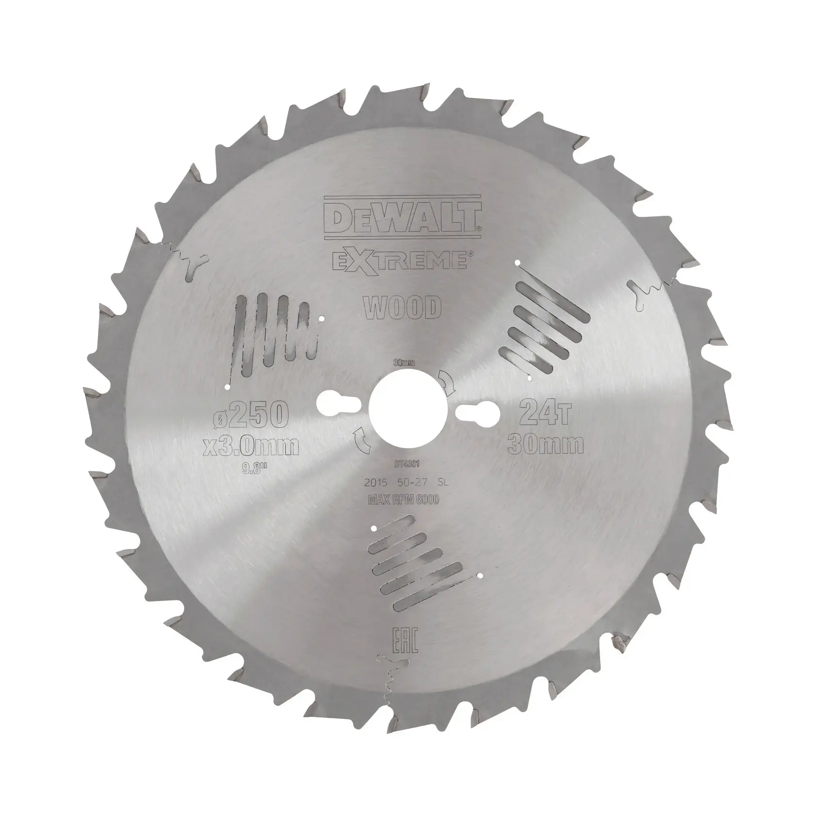 Disco de sierra circular DEWALT DT4301 para madera, 250mm, 24 dientes, orificio de 30mm, acabado plateado.