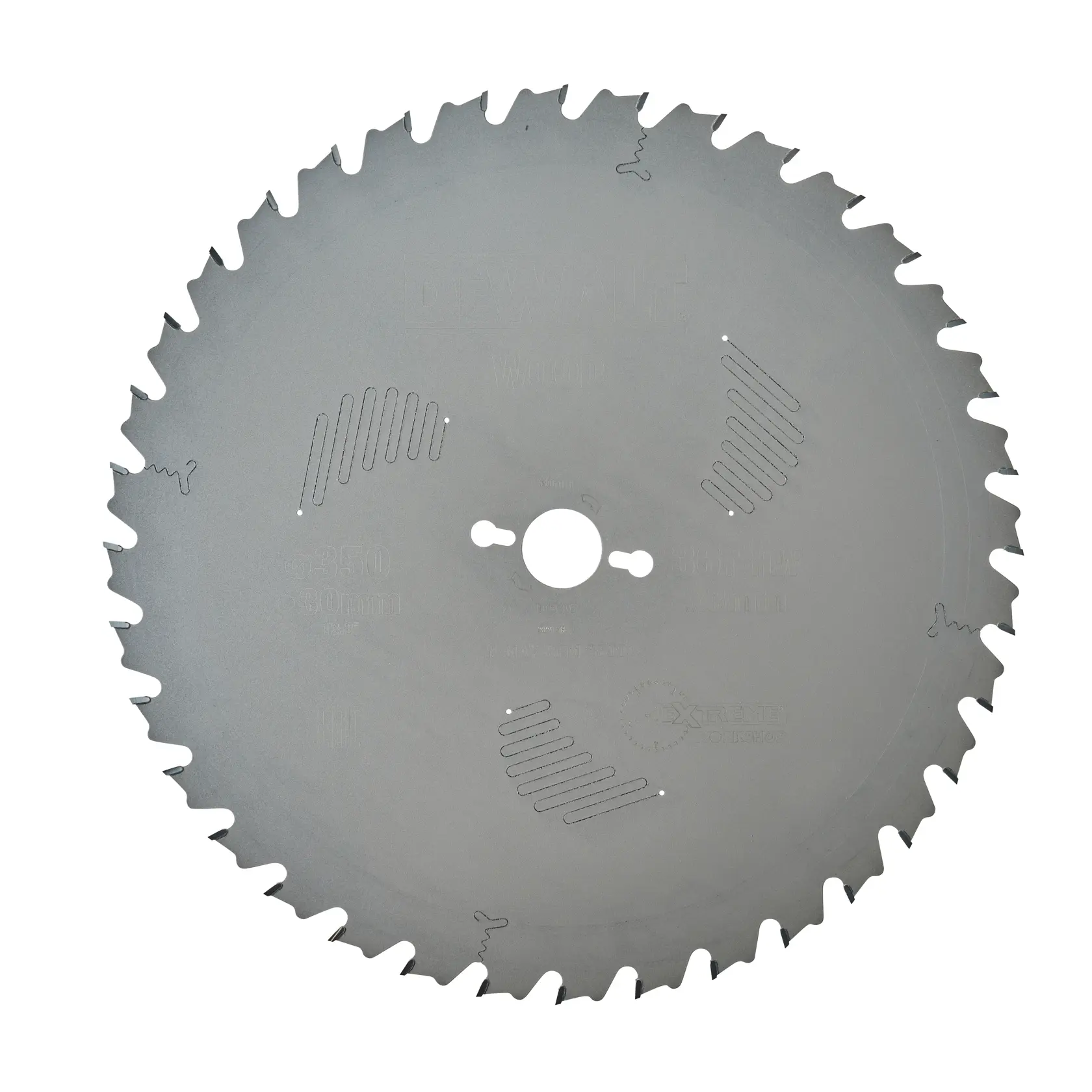 Hoja de sierra circular DEWALT DT4305 con dientes afilados y ranuras, diseñada para cortes precisos en madera.