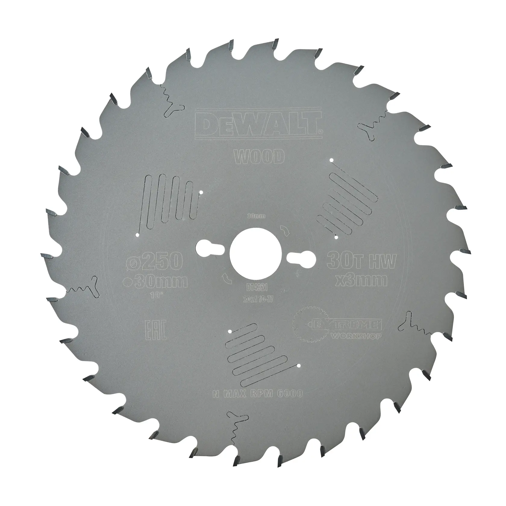 Lame circulaire DEWALT DT4321 pour bois, diamètre 250 mm, alésage 30 mm, 30 dents, HW, pour menuiserie.