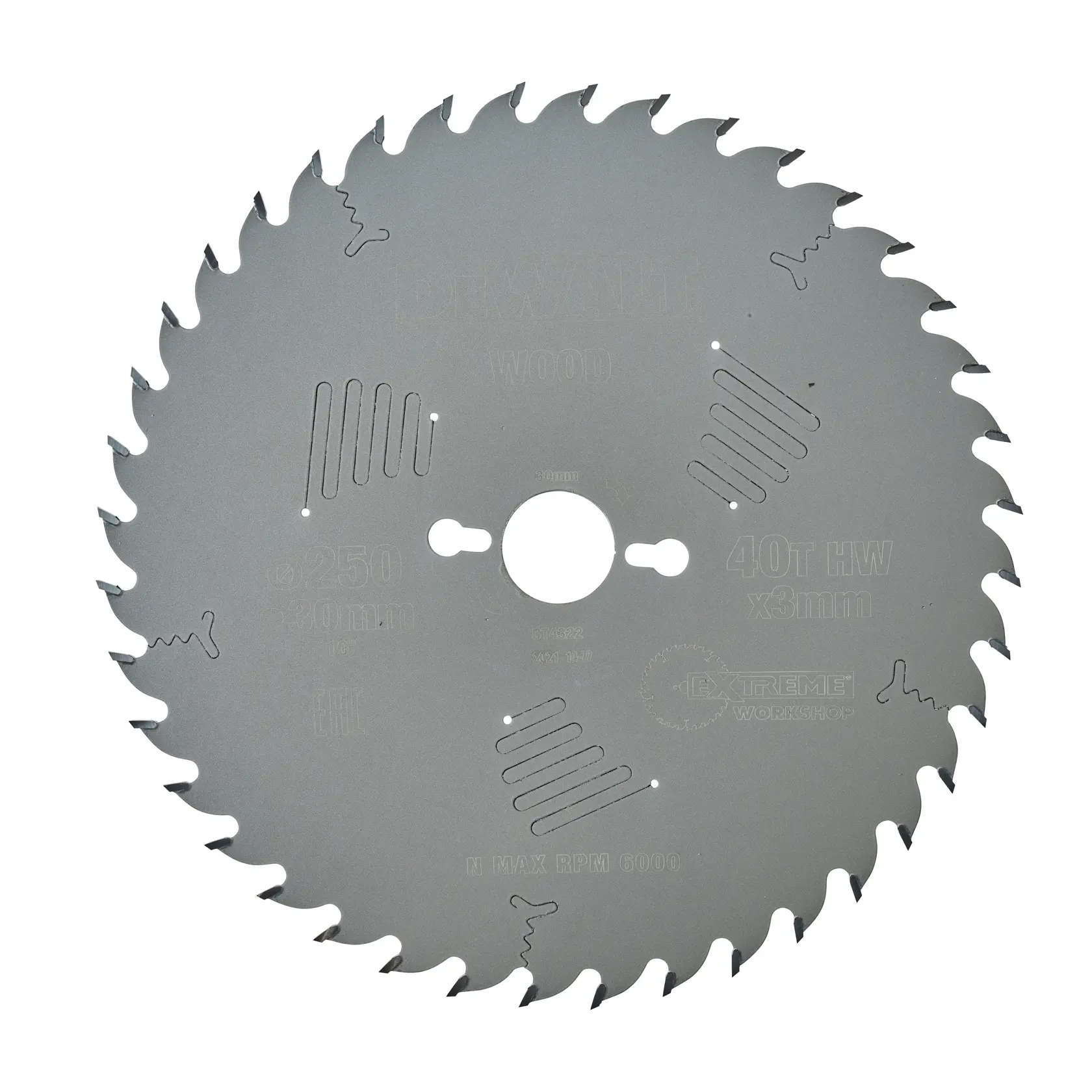 Lame de scie circulaire DEWALT DT4322 pour bois, 40 dents, diamètre 250 mm, alésage 30 mm.