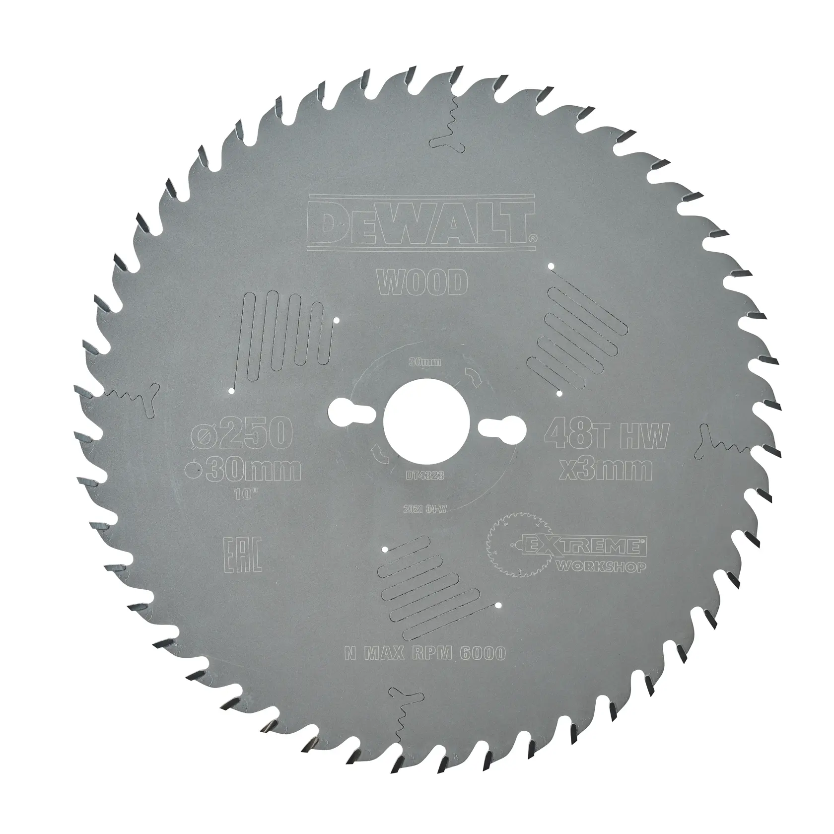 Lame de scie circulaire DEWALT DT4323 pour bois, diamètre 250mm, alésage 30mm, 48 dents, adaptée aux travaux de menuiserie.