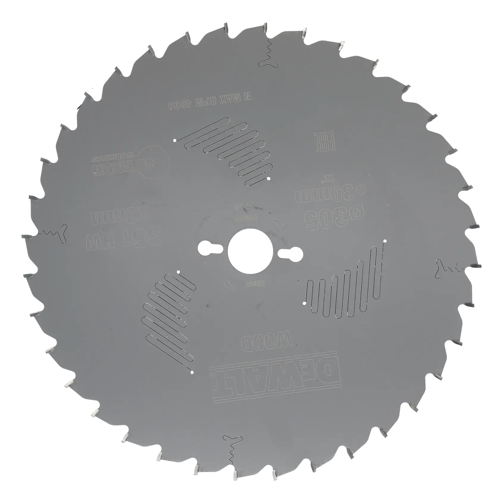 Una hoja de sierra circular DEWALT para trabajos en madera, modelo DT4330, con dientes afilados y ranuras de precisión para eficiencia en el corte. La hoja es metálica y redonda, diseñada para uso profesional.