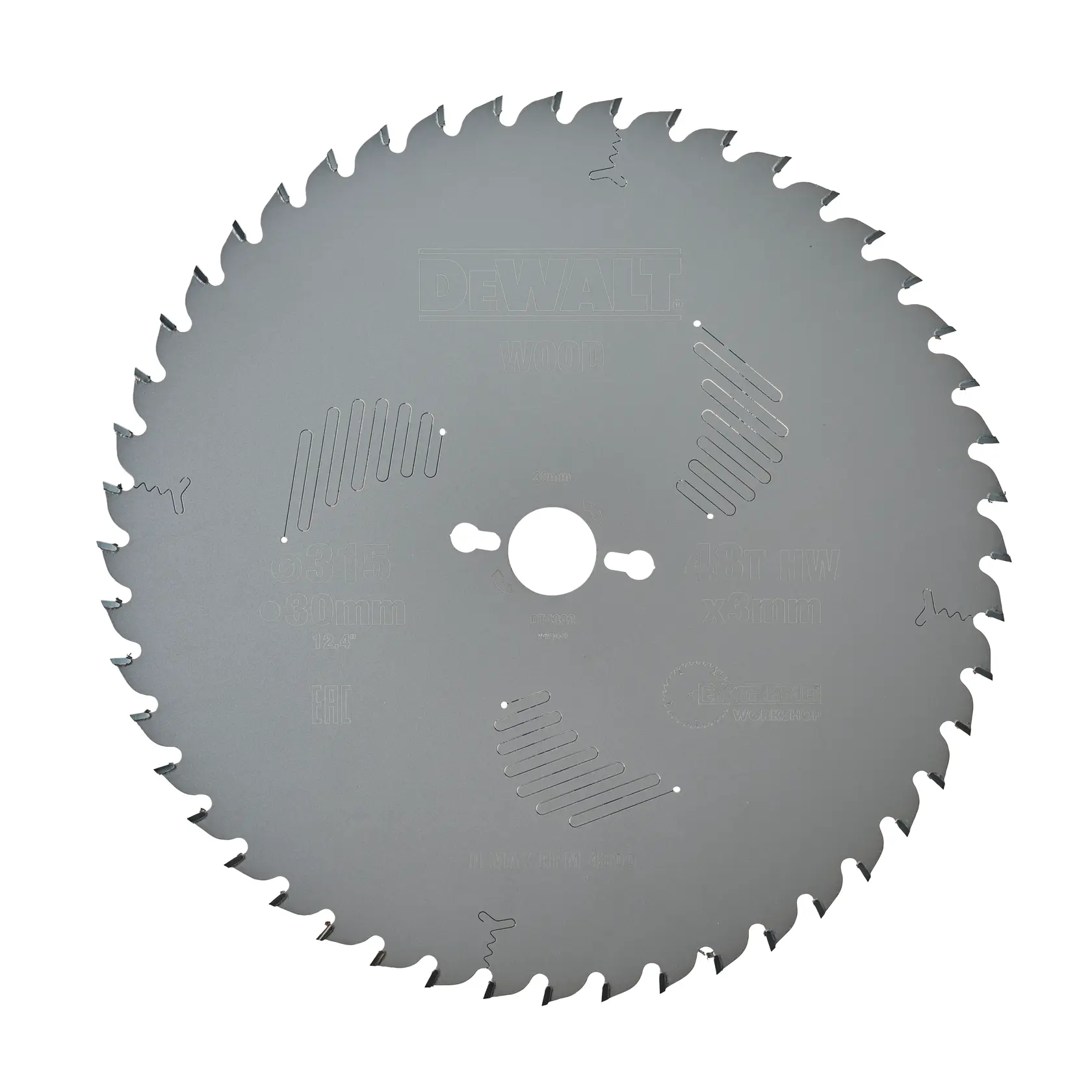 DEWALT DT4332 Kreissägeblatt für Holz, aus Metall, mit scharfen Zähnen am Rand und drei Dehnungsschlitzen für Stabilität.
