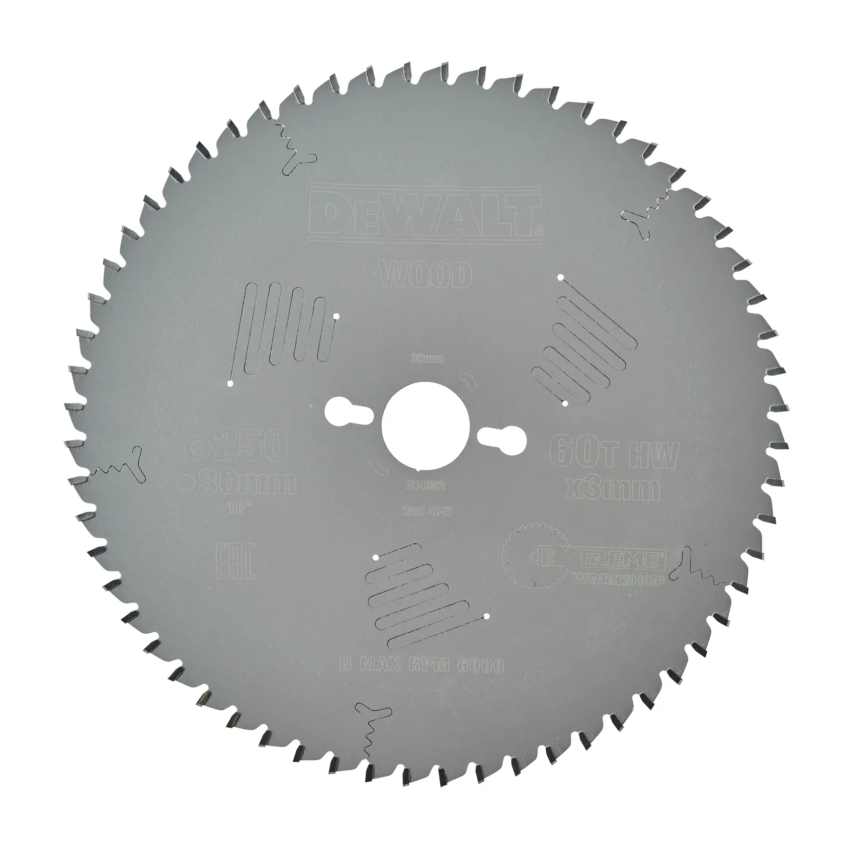 Lame de scie circulaire pour couper le bois, marque DEWALT, modèle DT4352, diamètre 250mm avec 60 dents et trou central de 30mm.
