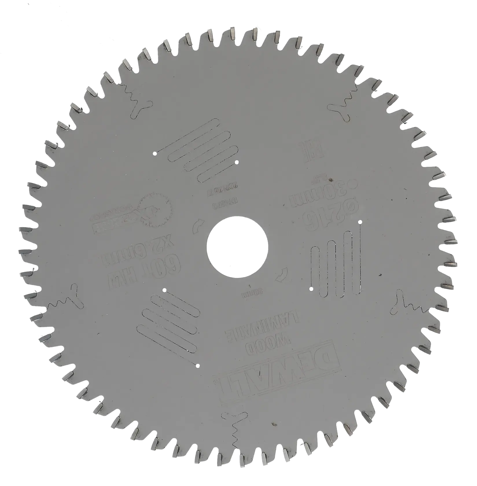 Une lame de scie circulaire pour le bois avec de nombreuses dents tranchantes, dotée d'un trou central, fabriquée par DEWALT.