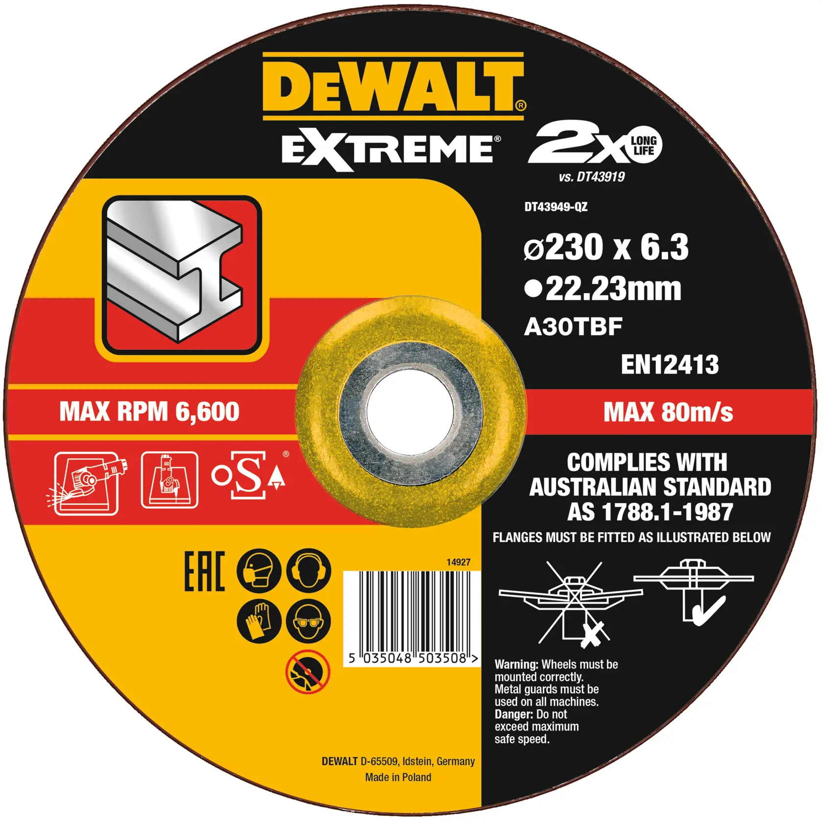 Disque DEWALT découpe métal, DT43949, DT43919-QZ, 230x6.3mm, max 6600 RPM, EMEAANZ, catégorie photographie.