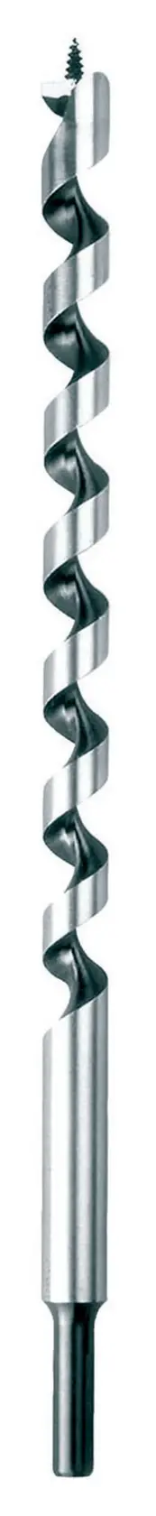 Nahaufnahme eines DEWALT-Schlangenbohrers mit Gewindespitze, geeignet zum Bohren in Holz. Der Bohrer ist aus Metall, hat ein spiralförmiges Design und einen zylindrischen Schaft.