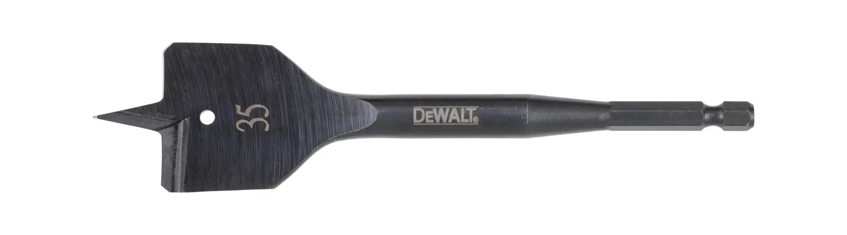 DEWALT flat wood drill bit with 35 mm marking, hex shank, shown against white background.
