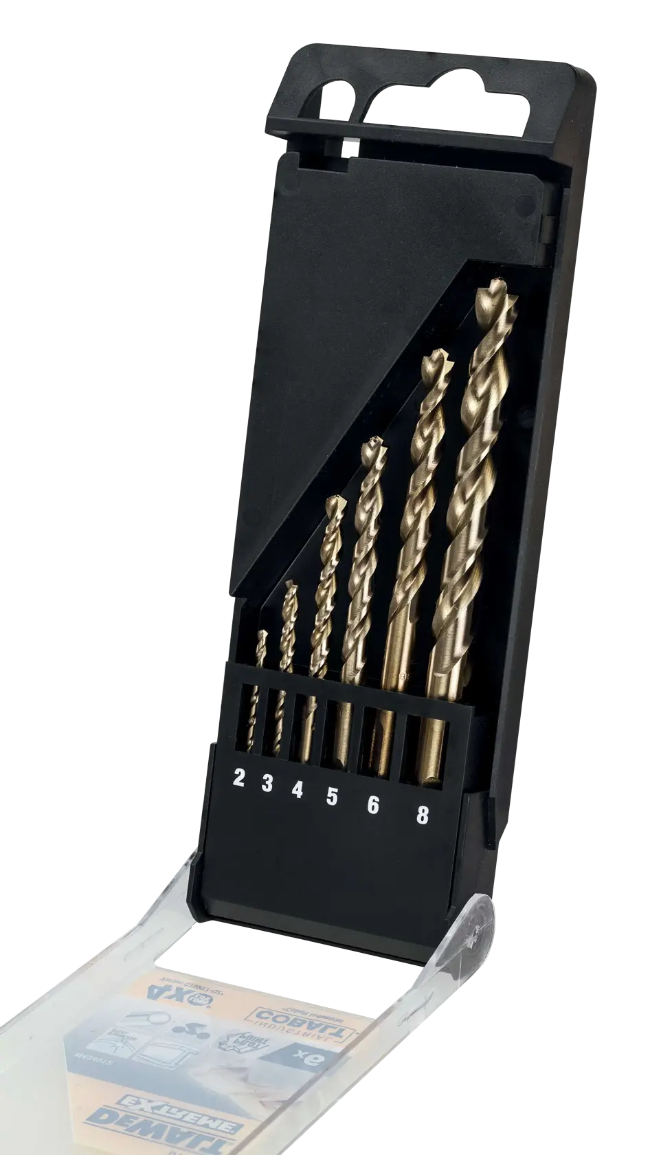 Ein Set aus sechs DEWALT Metallbohrern in einem schwarzen Kunststoffgehäuse mit den Größenangaben 2, 3, 4, 5, 6 und 8.