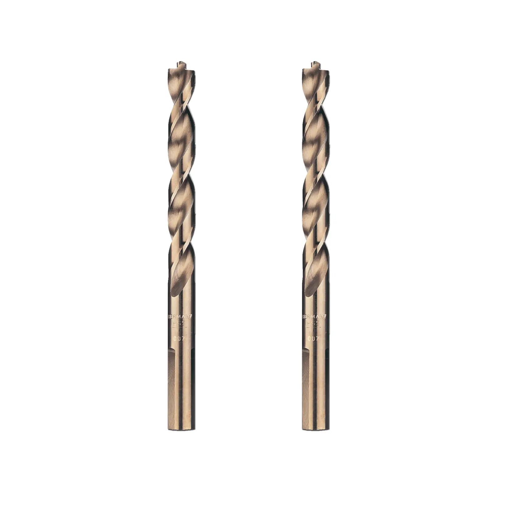 Dos brocas de metal DEWALT DT5040 con ranuras espirales, mostradas verticalmente sobre fondo blanco.
