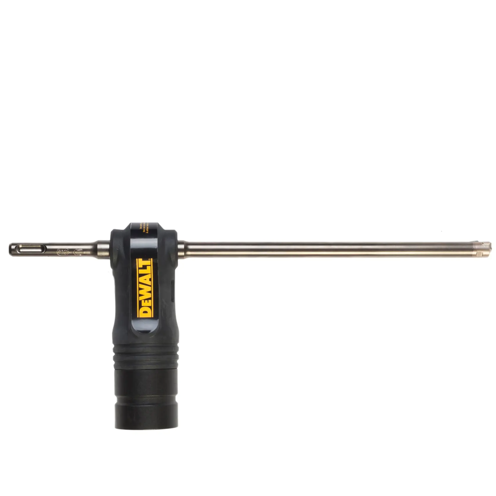 Accesorio de taladro DEWALT DT60340 de metal con mango negro, mostrado sobre fondo blanco.