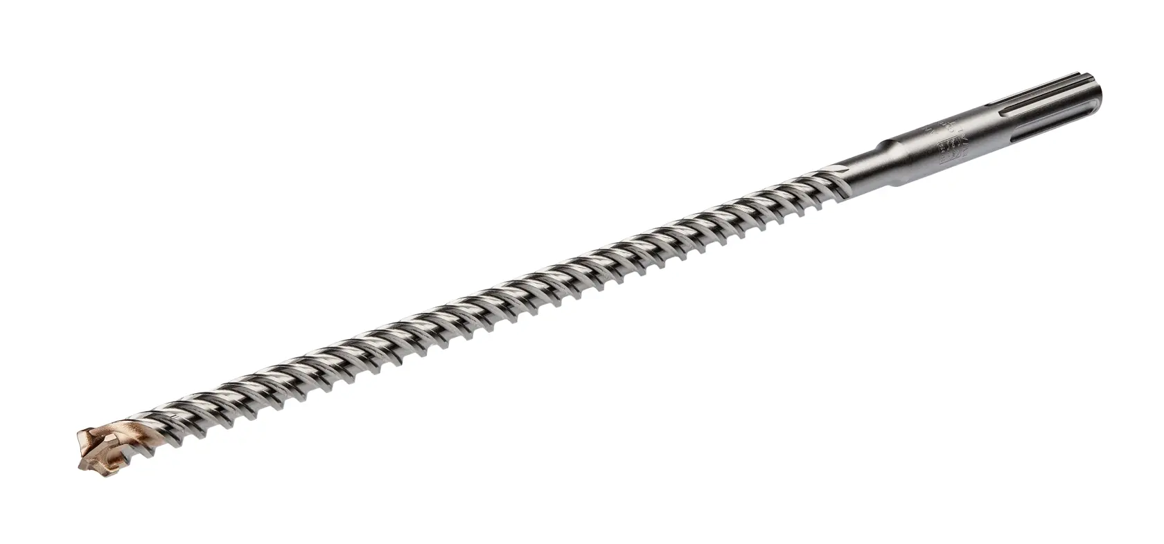 Una broca para martillo DEWALT DT60809 SDS-Plus con ranura espiral y punta de carburo, diseñada para perforar hormigón y mampostería, mostrada sobre fondo blanco.