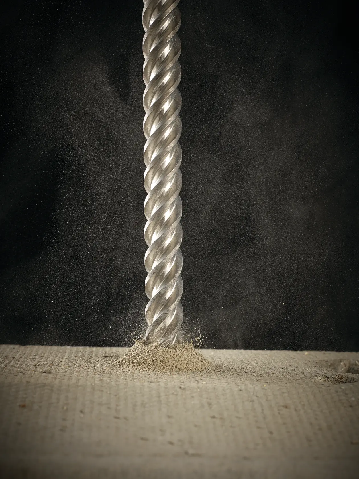 Primer plano de una broca en espiral perforando concreto, con polvo visible en la punta.
