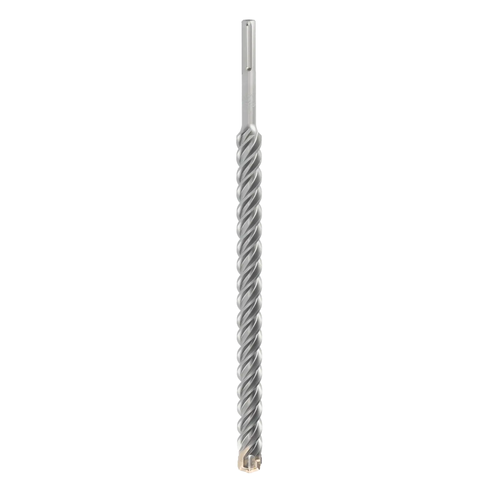 Broca para martillo SDS DEWALT con diseño en espiral, vertical sobre fondo blanco.