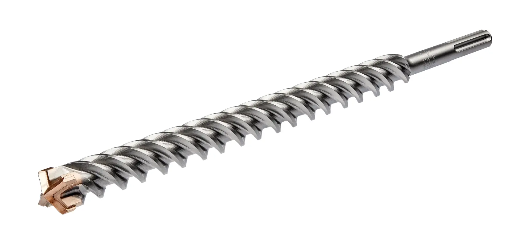 Broca espiral DEWALT DT60844 para mampostería, plata con punta dorada sobre fondo blanco.