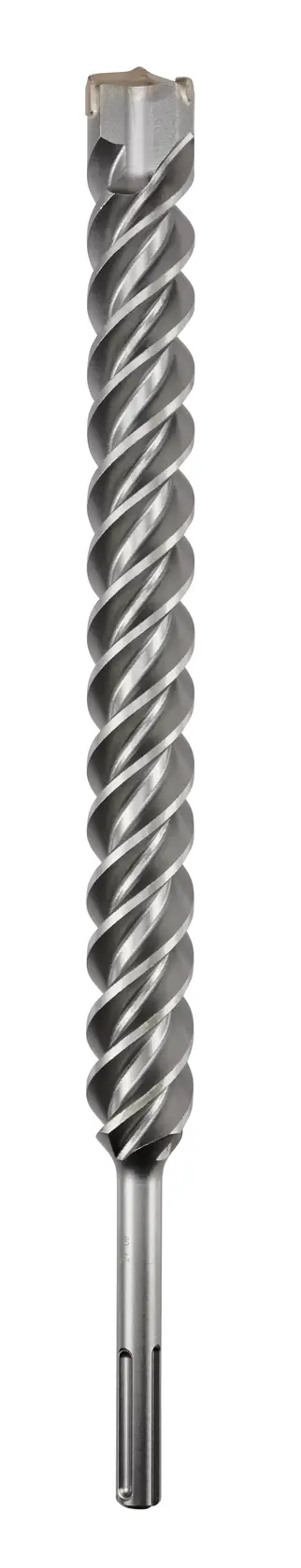 Broca metálica en espiral para tareas de perforación pesada, mostrada sobre fondo blanco.