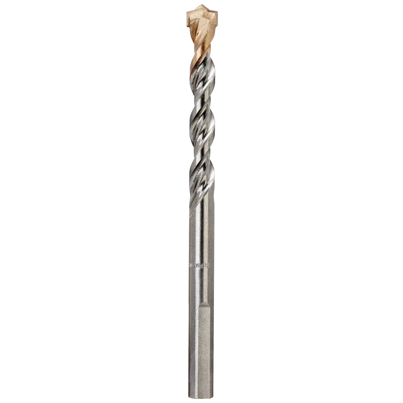 Imagen en primer plano de una broca para mampostería DEWALT DT6689, con cuerpo de acero retorcido y punta de carburo diseñada para perforar materiales duros como concreto y piedra.